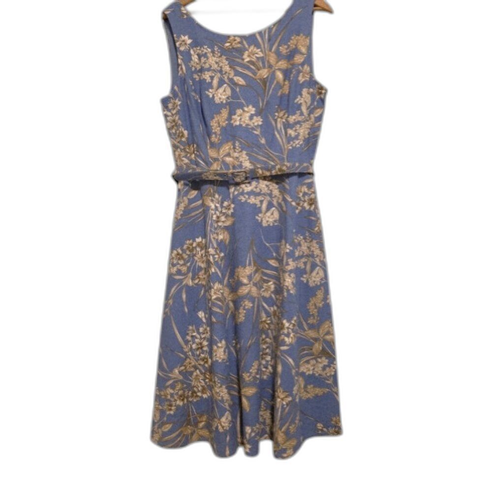 NWT London Times Midi Dress Blue Floral Sleeveless Belted Cottagecore Size 12